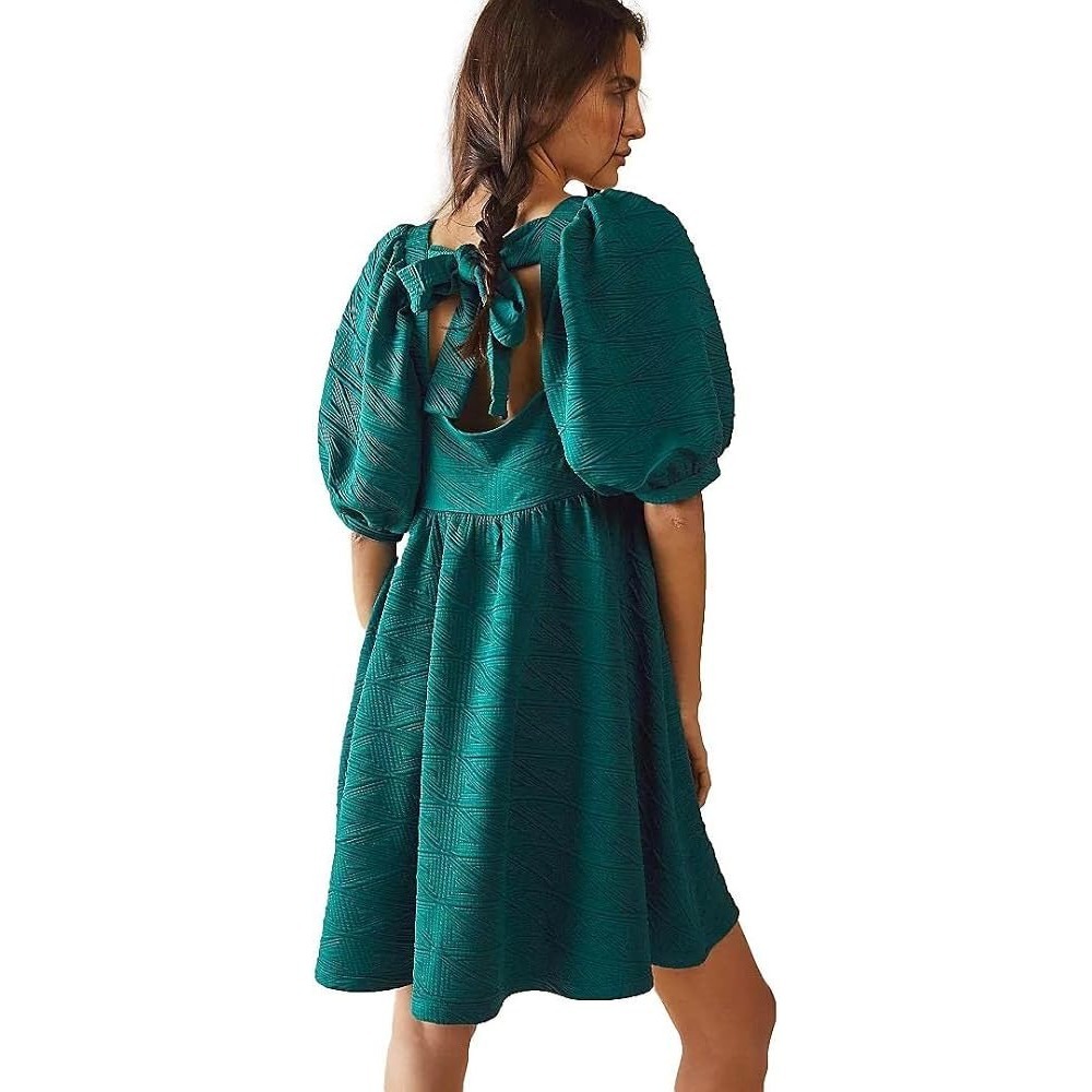 Free People Violet Mini Dress Medium Emerald Green Puff Sleeve Babydoll Festive